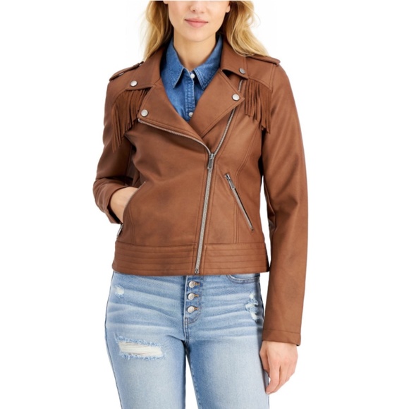 CoffeeShop Junior's Brown Faux Leather Fringe Moto Jacket Size L - Picture 3 of 9